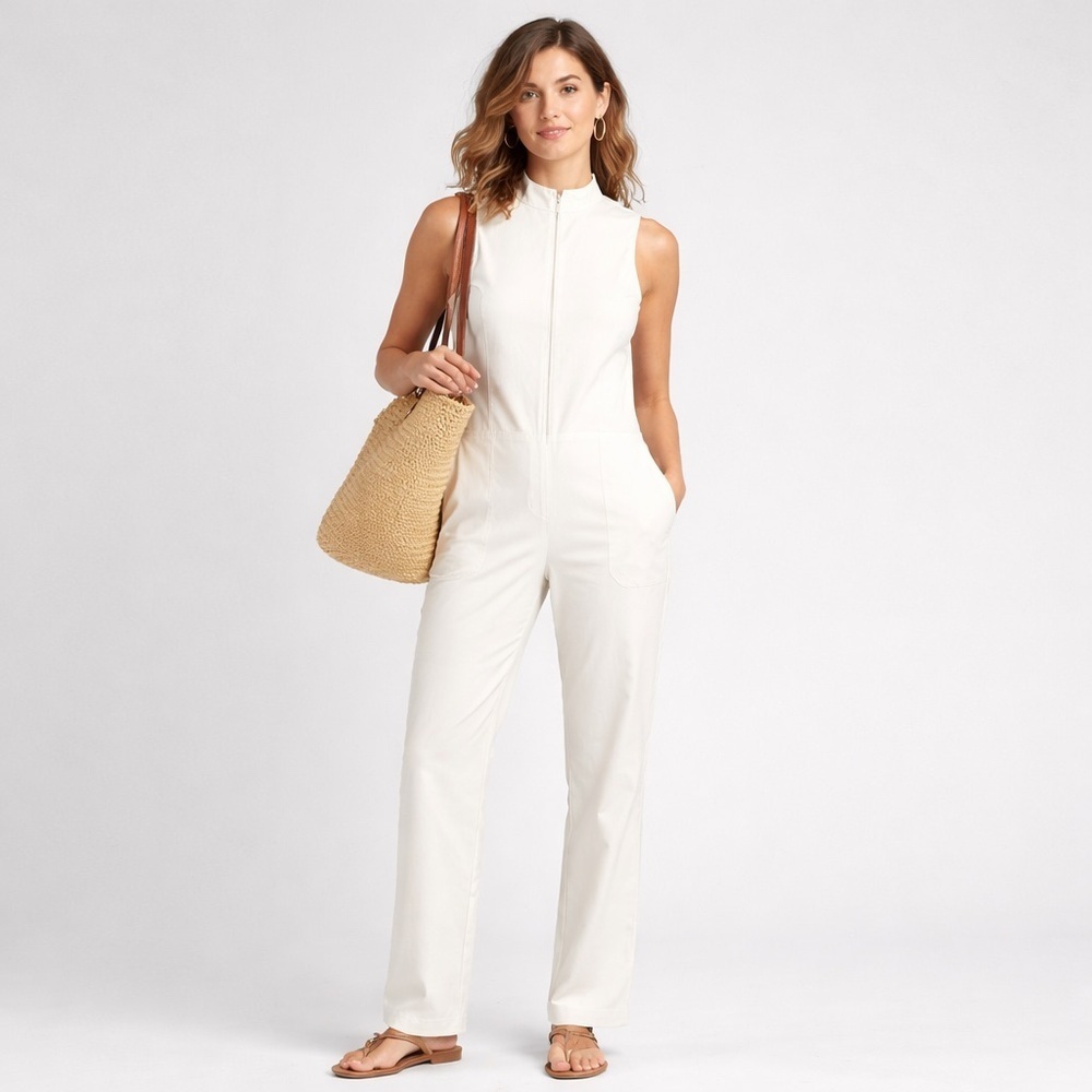 EILEEN FISHER Jumpsuit XXS Organic Cotton Hemp Sleeveless White Pockets Zip